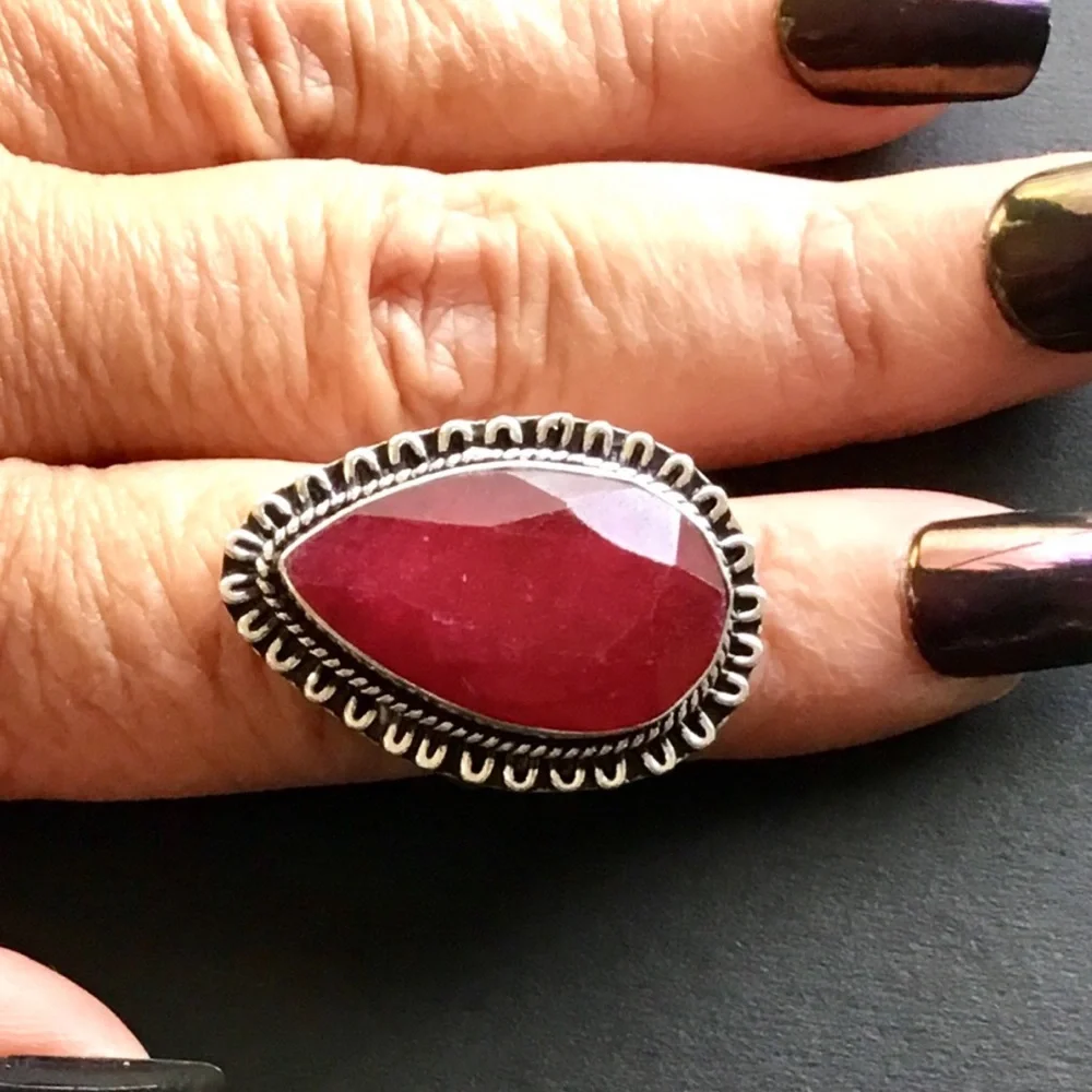 Large Red Ruby Gemstone Ring Tear Drop Style Faceted Handmade Size 6.5